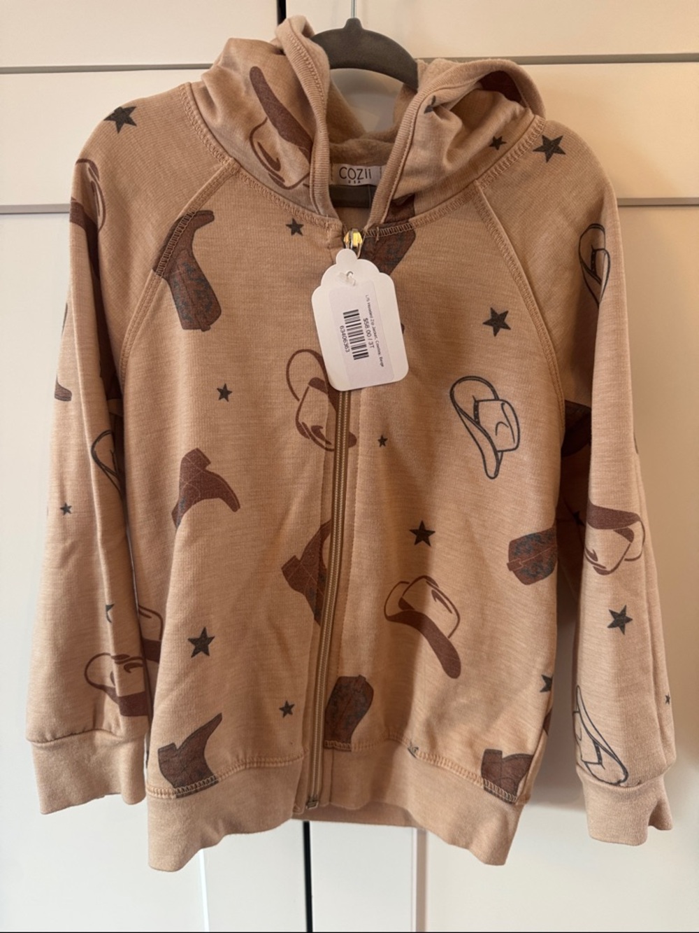 Kids Tan Cowboy Hat Print Zip Hoodie